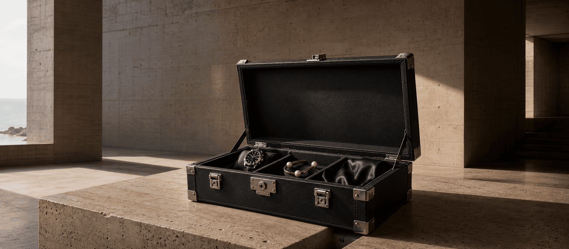 Minimal black luxury presentation case on dark stone